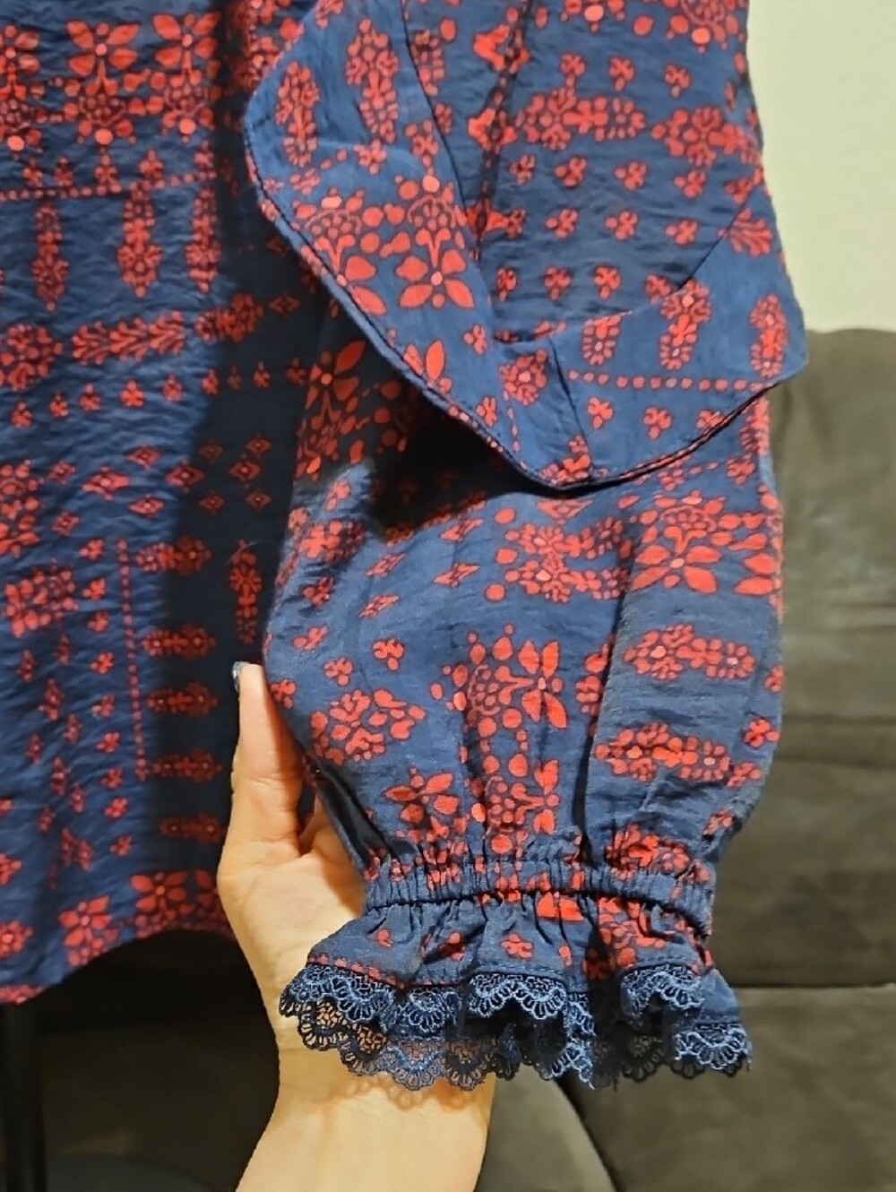 The Pioneer Woman Navy and Red Printed Ruffle-Shoulder Tie-Neck Blouse - Picture 4 of 8